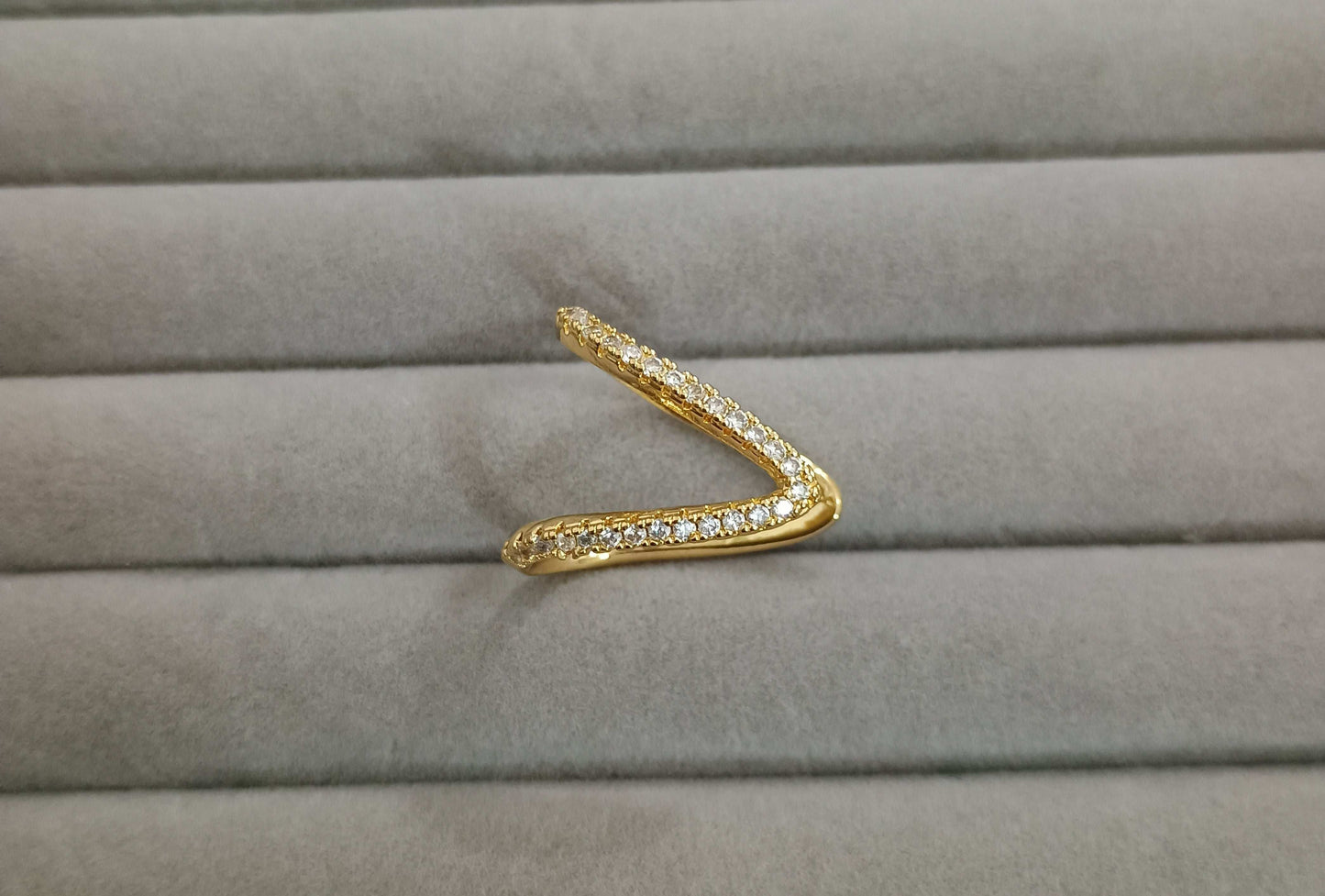 Stone Studded V Shape Adjustable Ring 18K Gold Plated