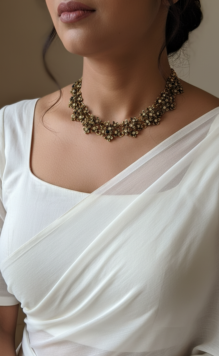 Stone Studded Antique Gold Toned Floral Choker Necklace