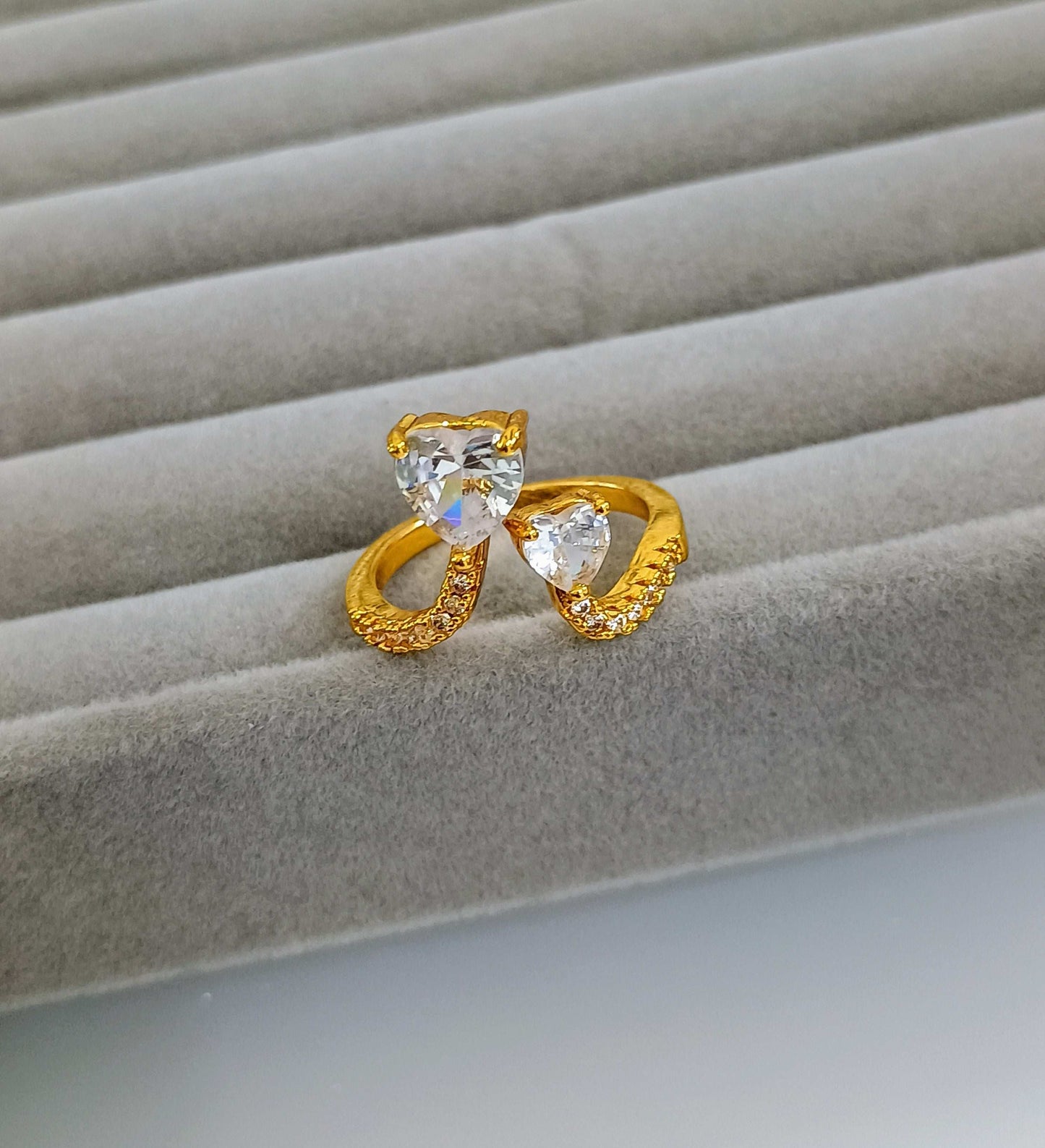 Stone Studded Double Heart Adjustable 18K Gold Plated Ring