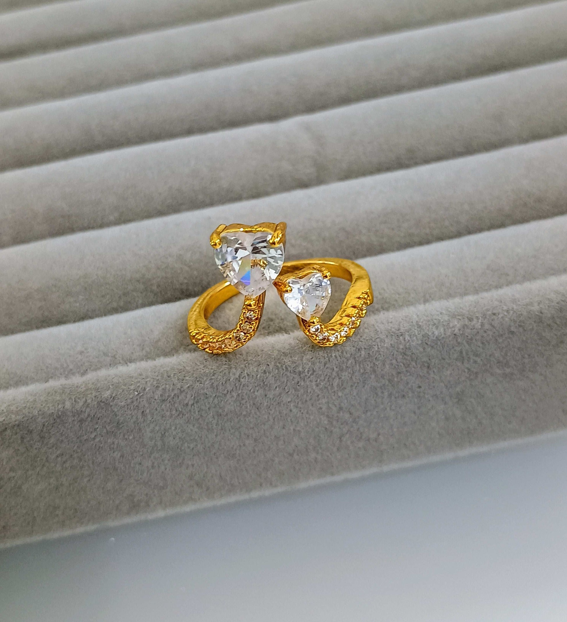 Stone Studded Double Heart Adjustable 18K Gold Plated Ring