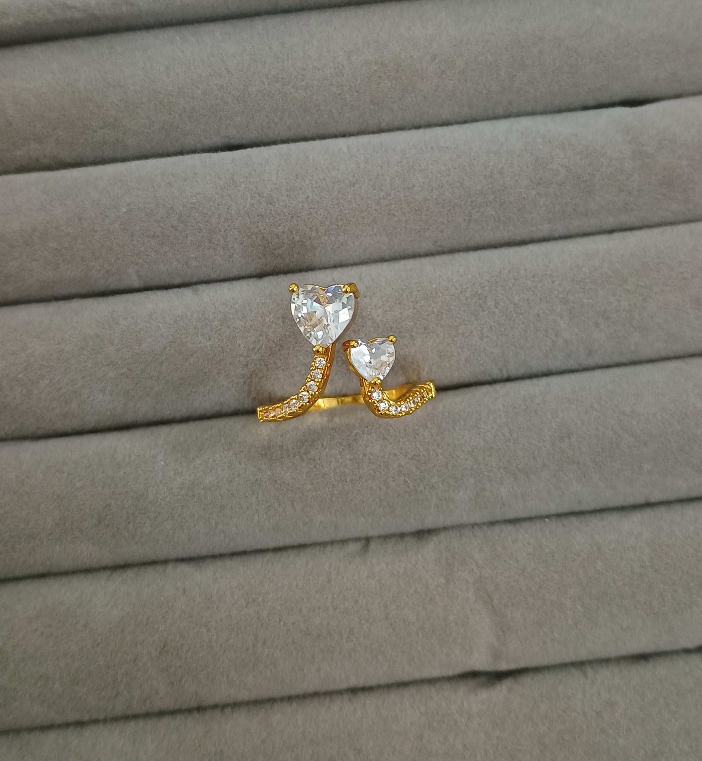 Stone Studded Double Heart Adjustable 18K Gold Plated Ring