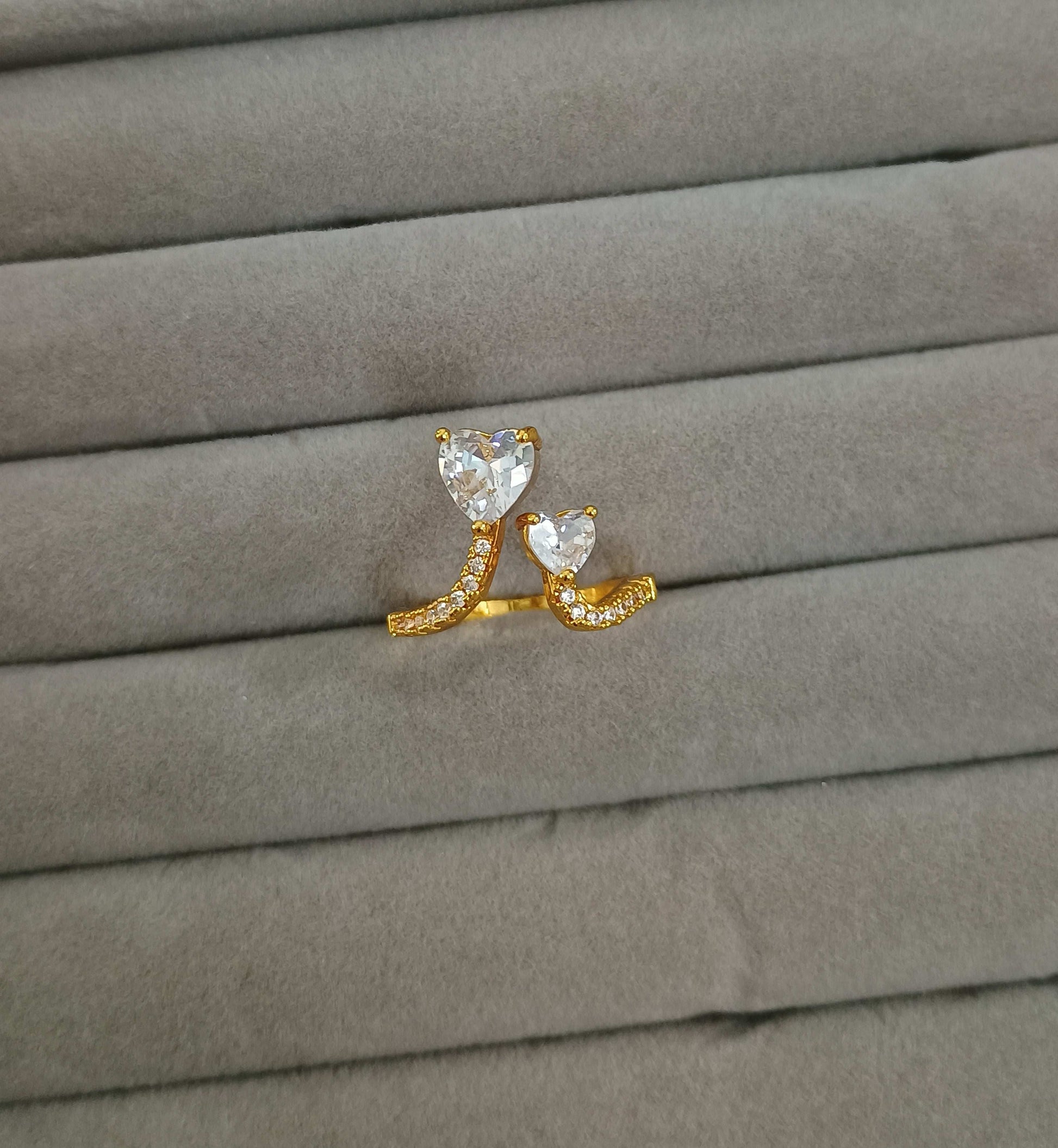 Stone Studded Double Heart Adjustable 18K Gold Plated Ring