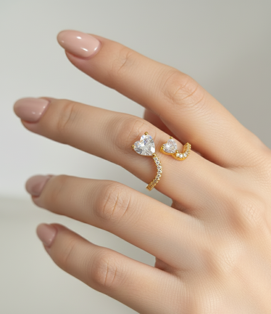 Stone Studded Double Heart Adjustable 18K Gold Plated Ring