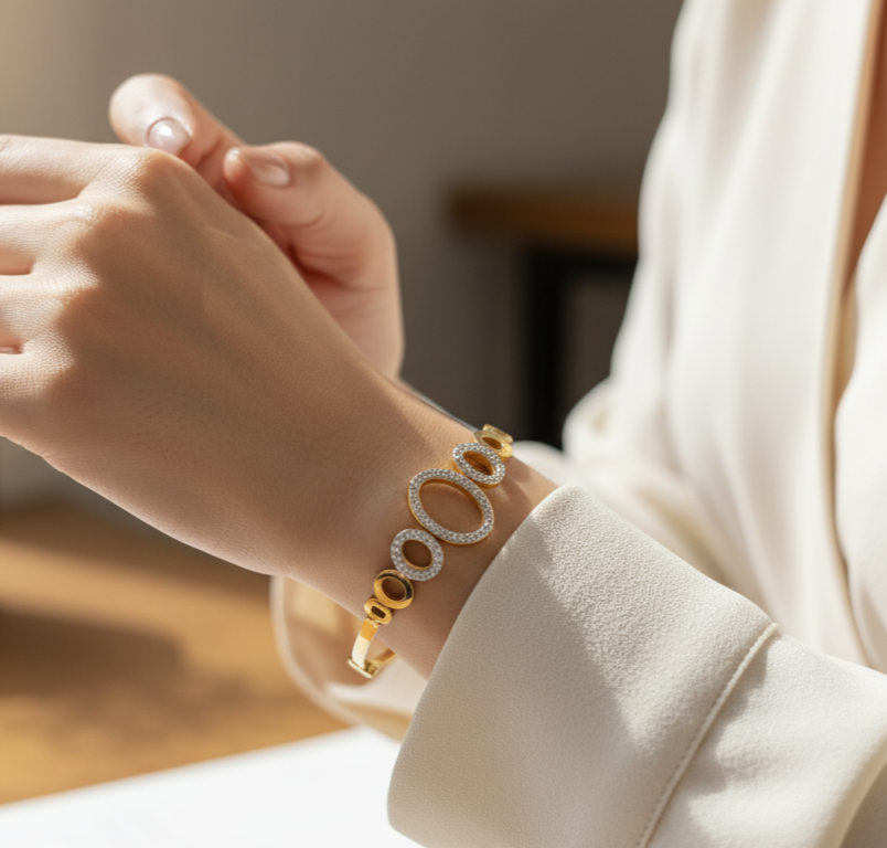 Stone Studded Hollow Circle Design 18K Gold Plated Bracelet