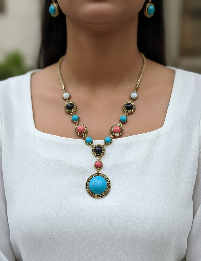 Stylish Y-Shaped Multicolored Bohemian Necklace With Earring