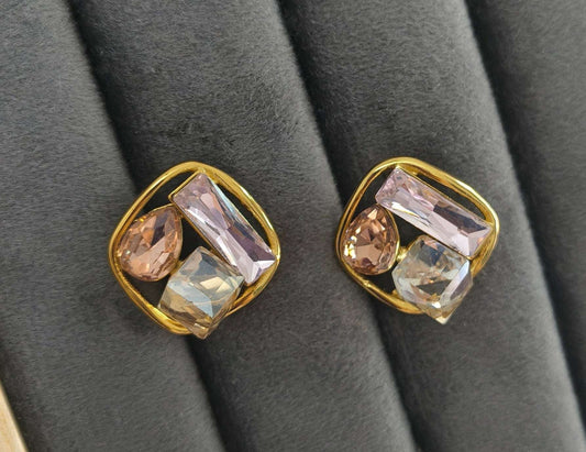 Three Stone Studded Earrings Studs 18K Gold Plated