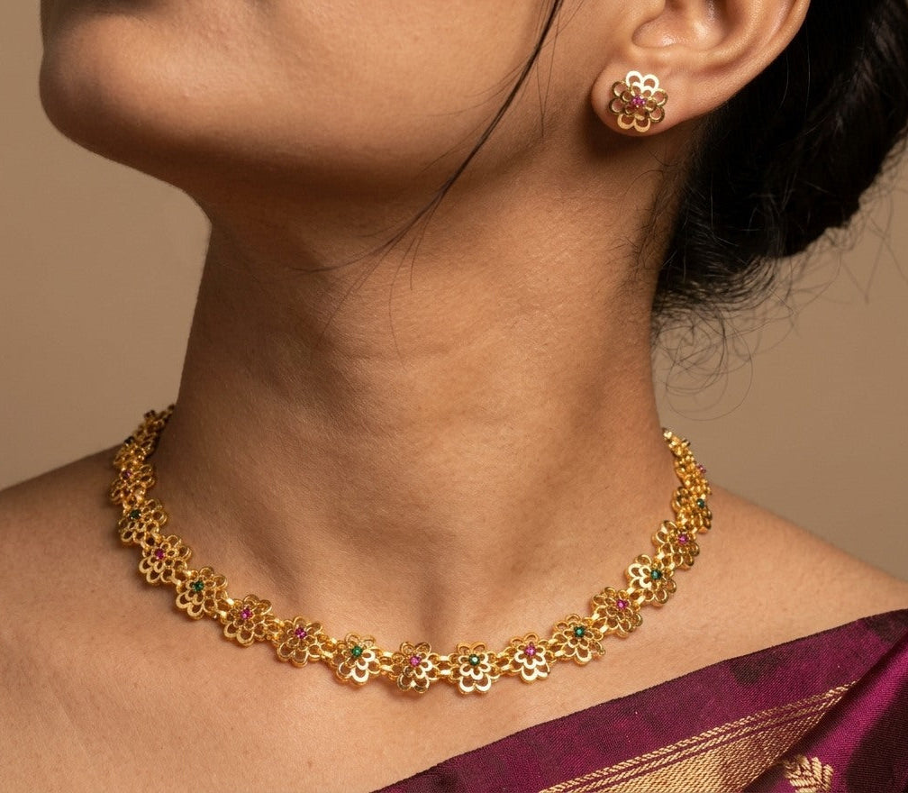 Traditional micro gold plated Bakuli Haar flower choker necklace and earring set