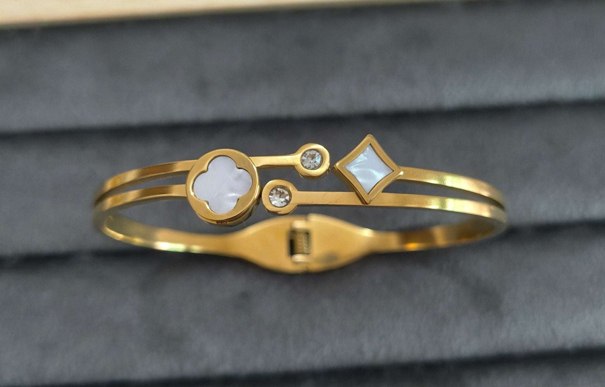 White Acrylic Clover and Stone Studded 18K Gold Plated Bracelet