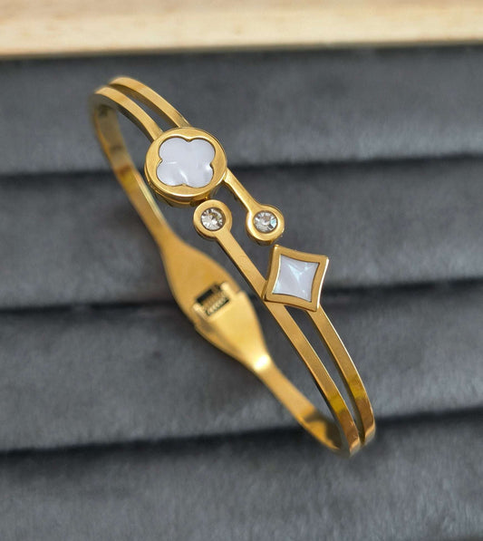 White Acrylic Clover and Stone Studded 18K Gold Plated Bracelet