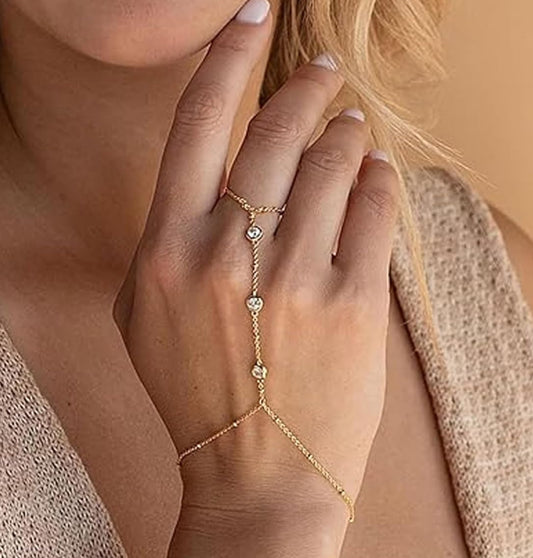 Zircon Stone Studded Stylish Hand Chain Bracelet 18K Gold Plated 