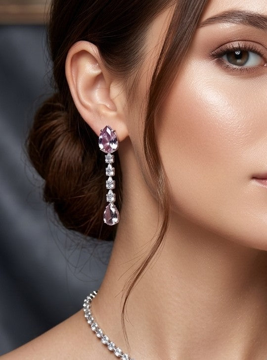 Pink Glass Stone Drop Pendant Necklace Rhodium Plated