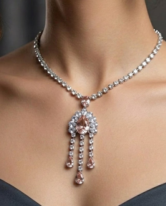 Pink Glass Stone Drop Pendant Necklace Rhodium Plated